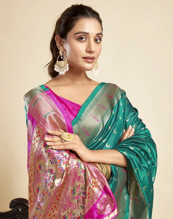 Teal_Silk_Blend_Paithani_Saree_With_Unstitched_Blouse_Piece