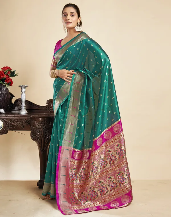 Teal_Silk_Blend_Paithani_Saree_With_Unstitched_Blouse_Piece