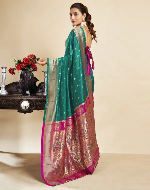 Teal_Silk_Blend_Paithani_Saree_With_Unstitched_Blouse_Piece
