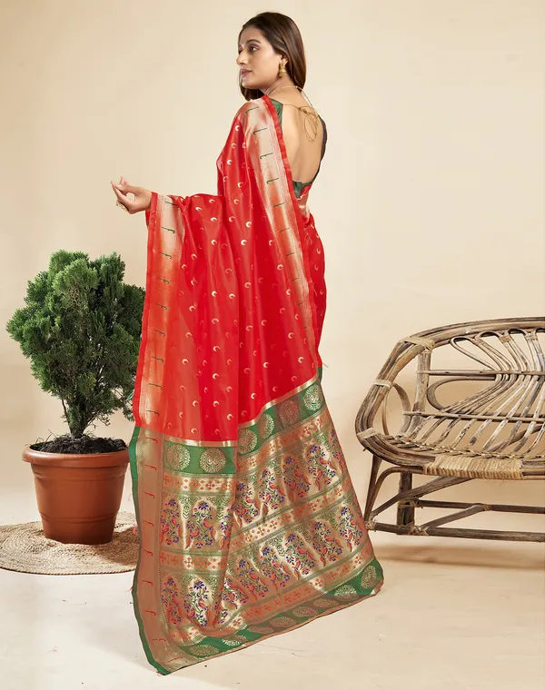 Red_Silk_Blend_Paithani_Saree_With_Unstitched_Blouse_Piece