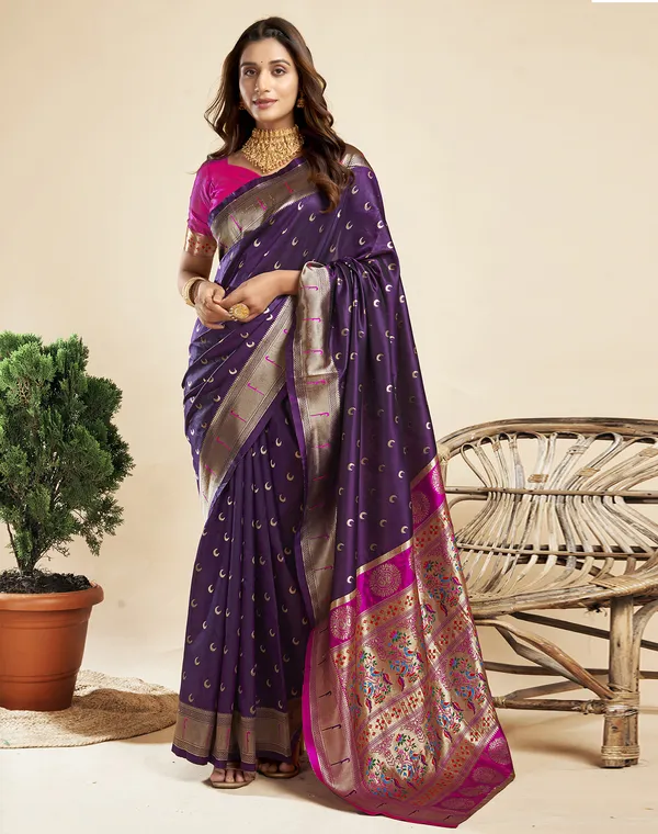 Wine_Silk_Blend_Paithani_Saree_With_Unstitched_Blouse_Piece
