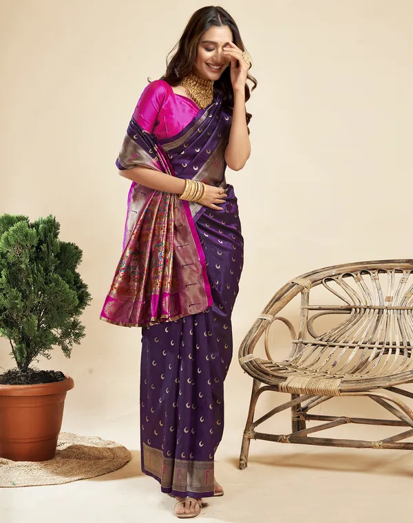 Wine_Silk_Blend_Paithani_Saree_With_Unstitched_Blouse_Piece