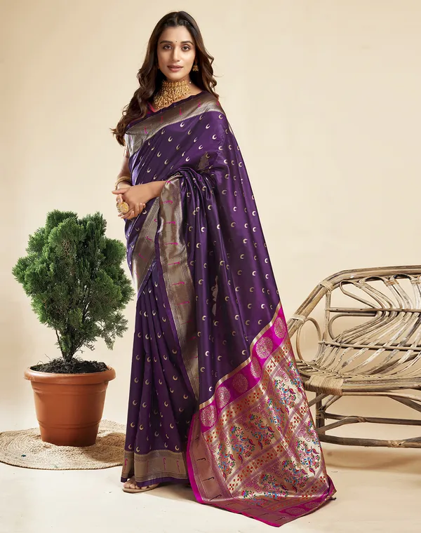 Wine_Silk_Blend_Paithani_Saree_With_Unstitched_Blouse_Piece
