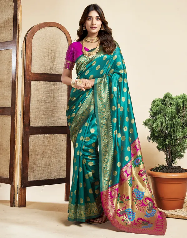 Teal_Luxurious_Silk_Blend_Paithani_Saree_With_Unstitched_Blouse_Piece