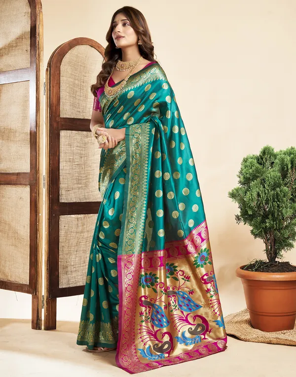 Teal_Luxurious_Silk_Blend_Paithani_Saree_With_Unstitched_Blouse_Piece