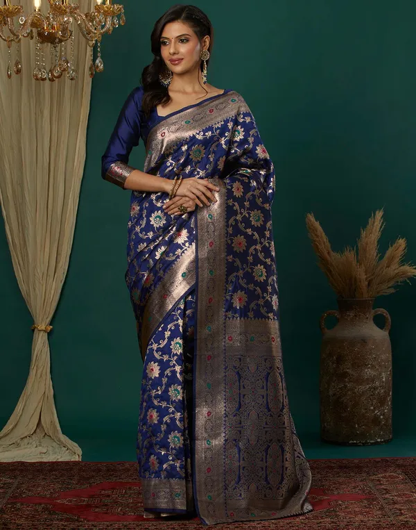 Navy_Blue_Silk_Blend_Kanjeevaram_Saree_With_Unstitched_Blouse_Piece