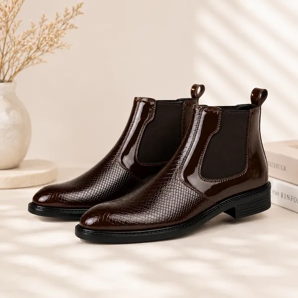 100%_Pure_Leather_Brown_Patent_Leather_Chelsea_Boots_For_Men