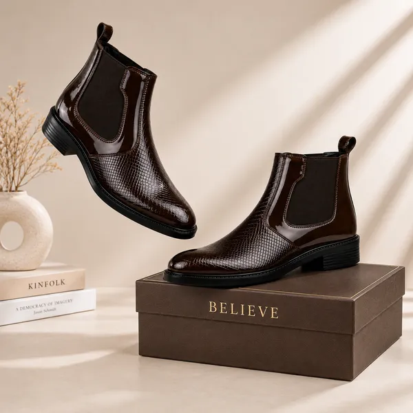 100%_Pure_Leather_Brown_Patent_Leather_Chelsea_Boots_For_Men