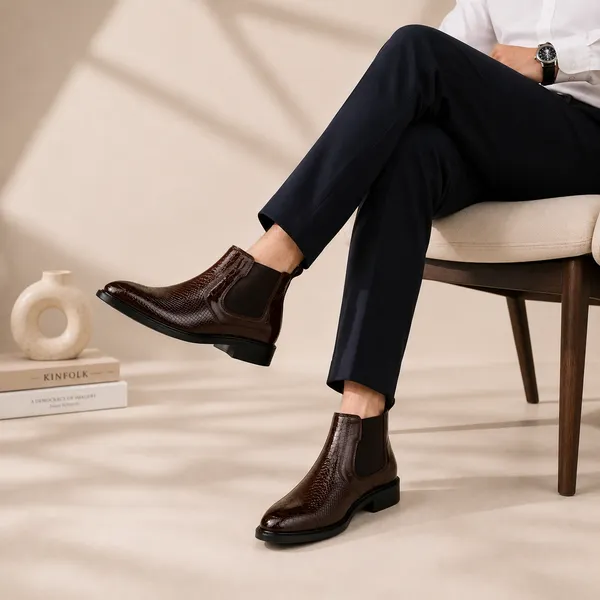 100%_Pure_Leather_Brown_Patent_Leather_Chelsea_Boots_For_Men