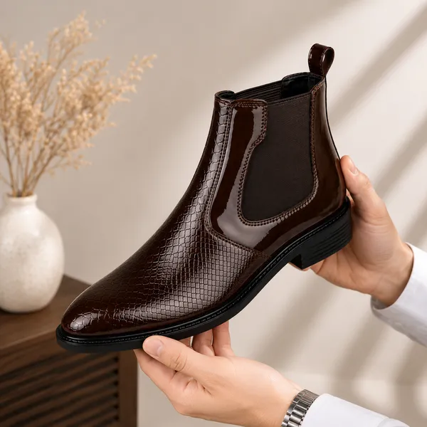 100%_Pure_Leather_Brown_Patent_Leather_Chelsea_Boots_For_Men