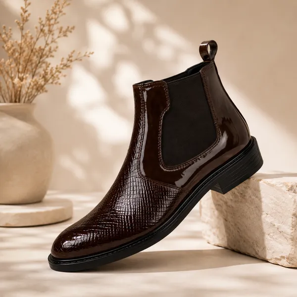 100%_Pure_Leather_Brown_Patent_Leather_Chelsea_Boots_For_Men