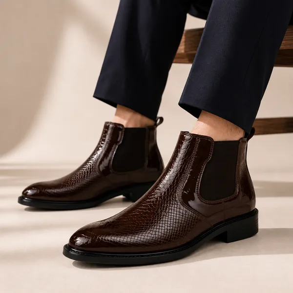 100%_Pure_Leather_Brown_Patent_Leather_Chelsea_Boots_For_Men