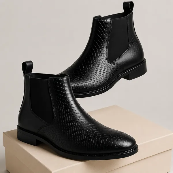 100%_Pure_Leather_Black_Patent_Leather_Croc_Embossed_Chelsea_Boots_For_Men