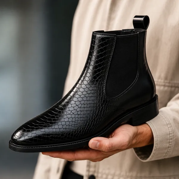 100%_Pure_Leather_Black_Patent_Leather_Croc_Embossed_Chelsea_Boots_For_Men