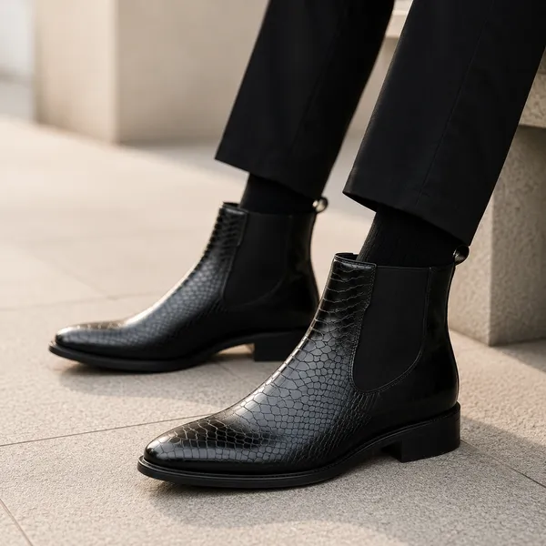 100%_Pure_Leather_Black_Patent_Leather_Croc_Embossed_Chelsea_Boots_For_Men