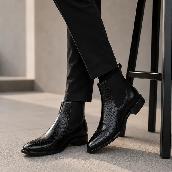 100%_Pure_Leather_Black_Patent_Leather_Croc_Embossed_Chelsea_Boots_For_Men