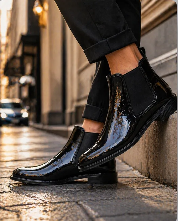100%_Pure_Leather_BELIEVE_Men's_Black_Plain_Patent_Chelsea