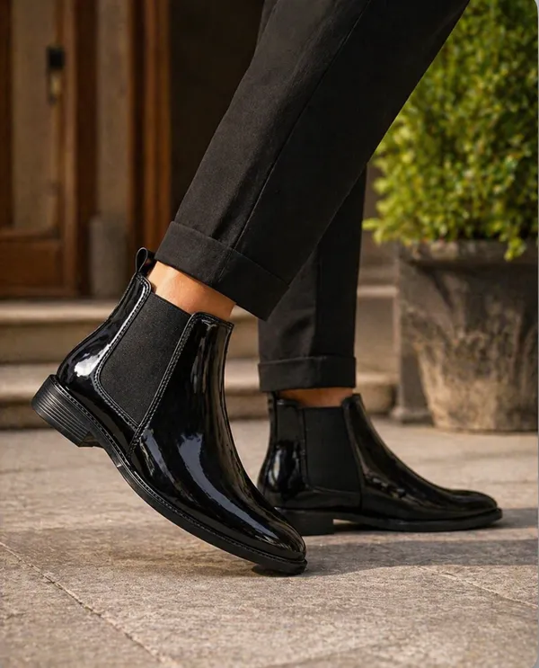 100%_Pure_Leather_BELIEVE_Men's_Black_Plain_Patent_Chelsea