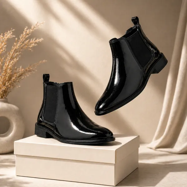 100%_Pure_Leather_BELIEVE_Men's_Black_Plain_Patent_Chelsea