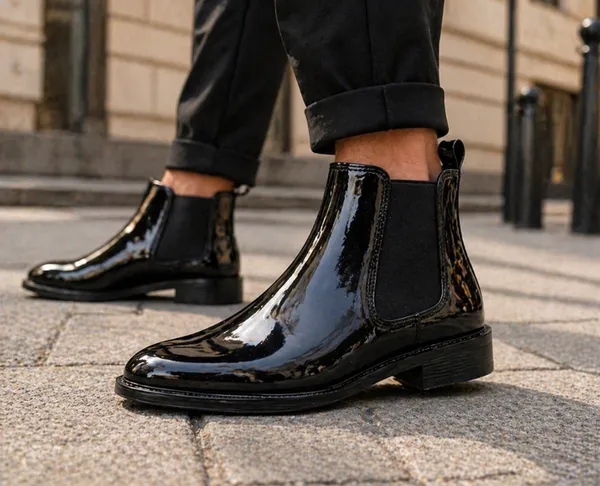 100%_Pure_Leather_BELIEVE_Men's_Black_Plain_Patent_Chelsea