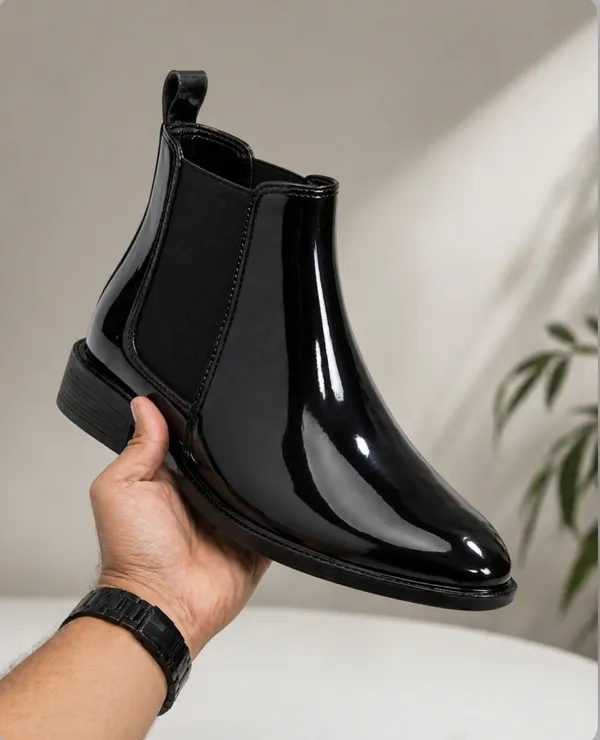 100%_Pure_Leather_BELIEVE_Men's_Black_Plain_Patent_Chelsea