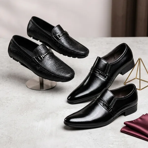 100%_Pure_Leather_Black_Leather_Loafer_And_Strap_Formal_Shoes_For_Men_Combo