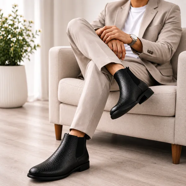 100%_Pure_Leather_Black_Textured_Artificial_Leather_Chelsea_Boots_For_Men
