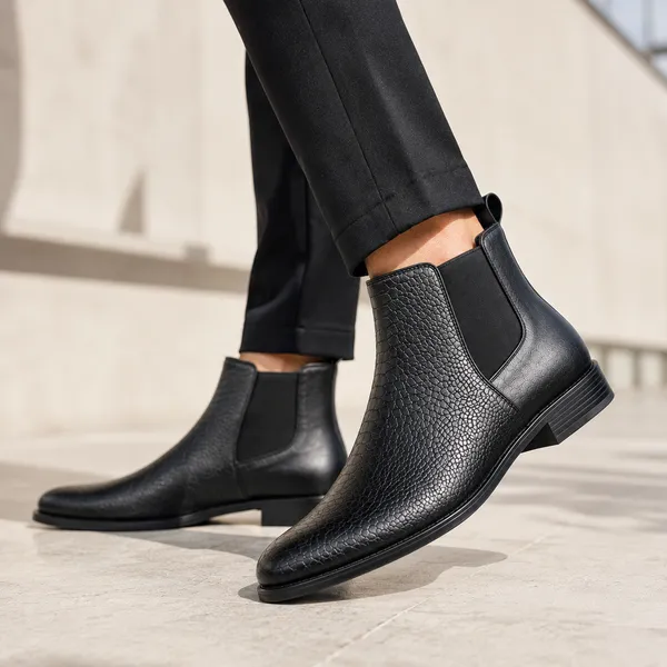 100%_Pure_Leather_Black_Textured_Artificial_Leather_Chelsea_Boots_For_Men