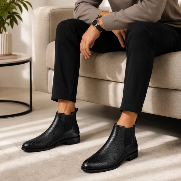 100%_Pure_Leather_Black_Textured_Artificial_Leather_Chelsea_Boots_For_Men