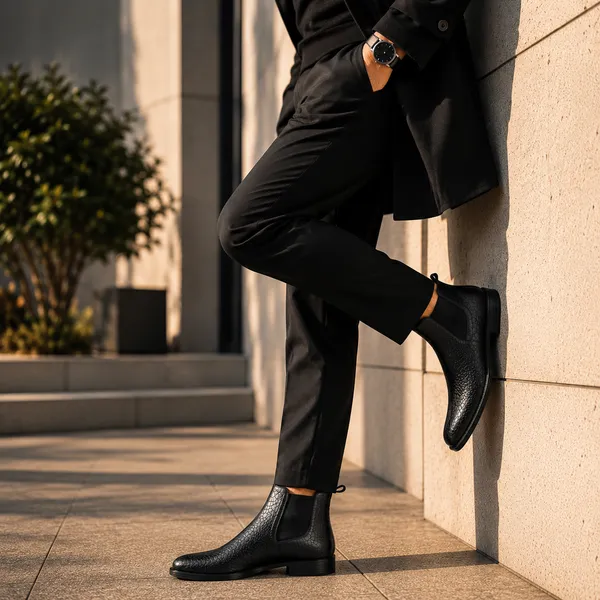 100%_Pure_Leather_Black_Textured_Artificial_Leather_Chelsea_Boots_For_Men