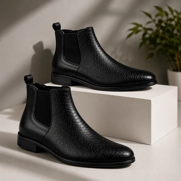 100%_Pure_Leather_Black_Textured_Artificial_Leather_Chelsea_Boots_For_Men
