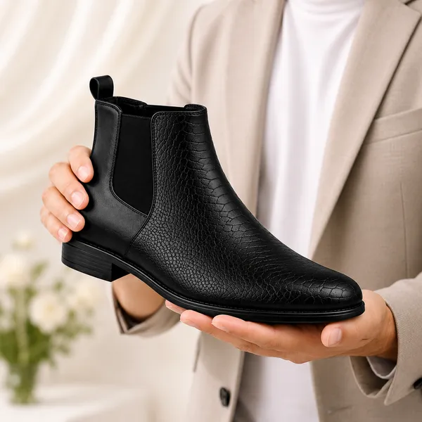 100%_Pure_Leather_Black_Textured_Artificial_Leather_Chelsea_Boots_For_Men