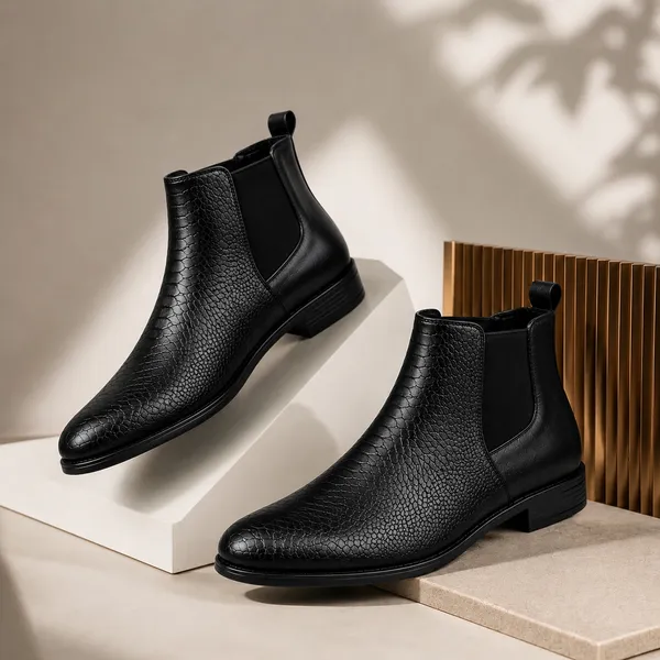 100%_Pure_Leather_Black_Textured_Artificial_Leather_Chelsea_Boots_For_Men