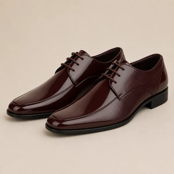 100%_Pure_Leather_Brown_Patent_Leather_Lace_Up_Derby_Shoes_For_Men