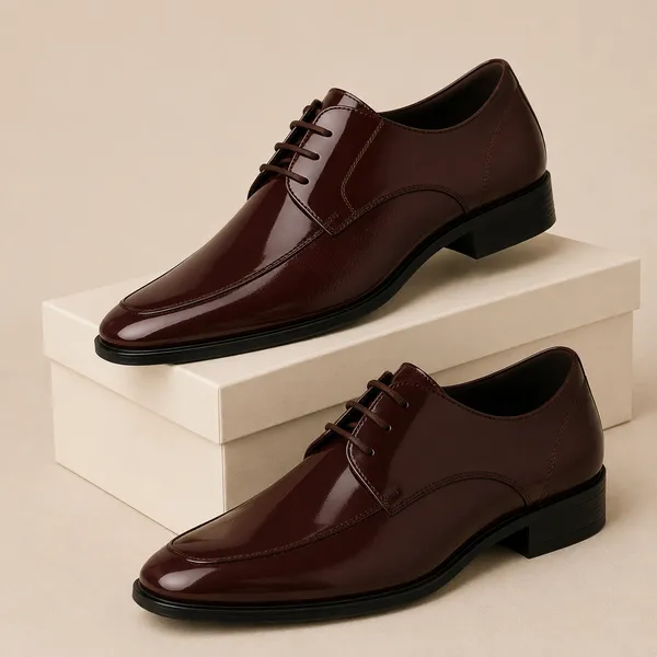 100%_Pure_Leather_Brown_Patent_Leather_Lace_Up_Derby_Shoes_For_Men