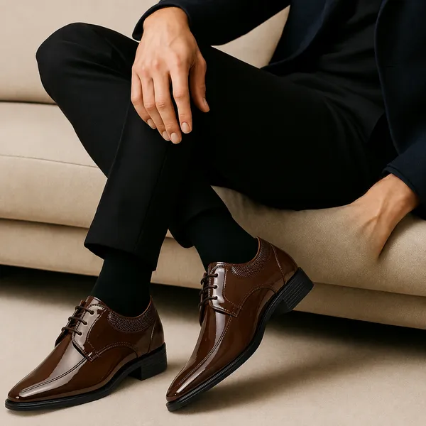 100%_Pure_Leather_Tan_Patent_Leather_Lace_Up_Derby_Shoes_For_Men
