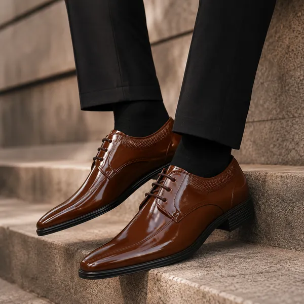 100%_Pure_Leather_Tan_Patent_Leather_Lace_Up_Derby_Shoes_For_Men
