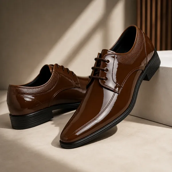 100%_Pure_Leather_Tan_Patent_Leather_Lace_Up_Derby_Shoes_For_Men