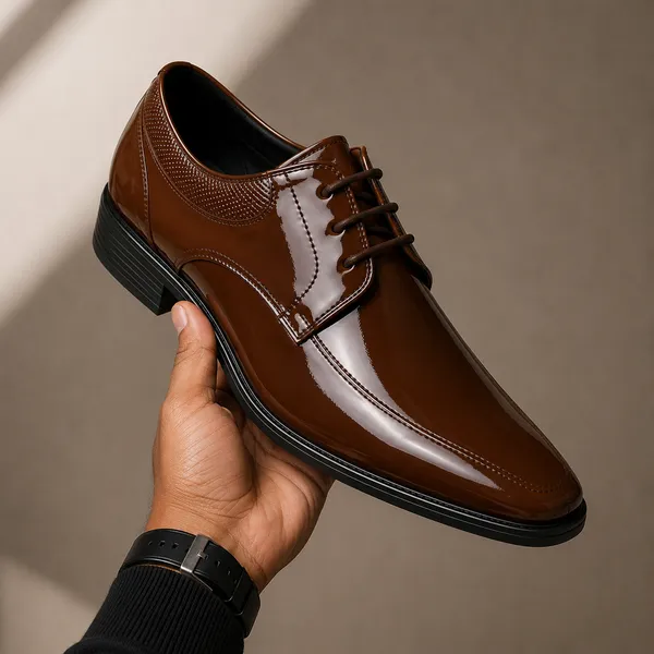 100%_Pure_Leather_Tan_Patent_Leather_Lace_Up_Derby_Shoes_For_Men
