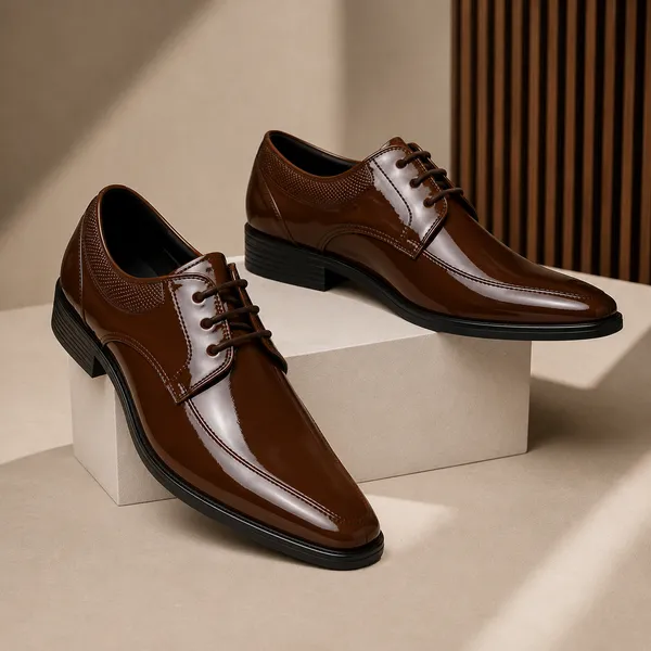 100%_Pure_Leather_Tan_Patent_Leather_Lace_Up_Derby_Shoes_For_Men