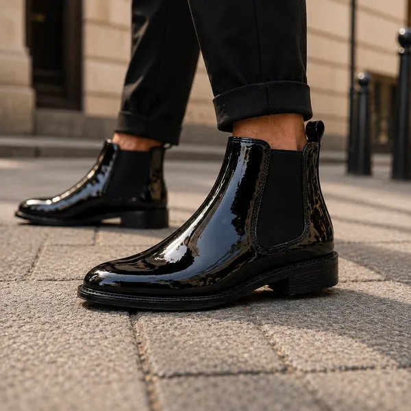 100%_Pure_Leather_Black_Patent_Leather_Slip_On_Chelsea_Ankle_Boots_For_Men