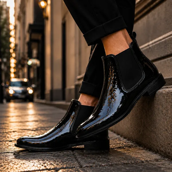 100%_Pure_Leather_Black_Patent_Leather_Slip_On_Chelsea_Ankle_Boots_For_Men