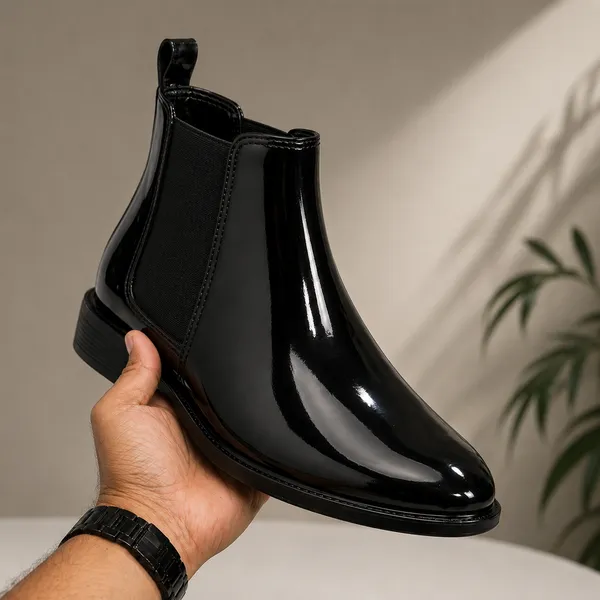 100%_Pure_Leather_Black_Patent_Leather_Slip_On_Chelsea_Ankle_Boots_For_Men