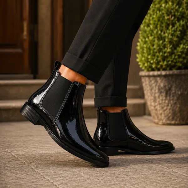 100%_Pure_Leather_Black_Patent_Leather_Slip_On_Chelsea_Ankle_Boots_For_Men