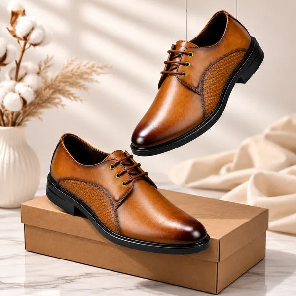 100%_Pure_Leather_Tan_Leather_Lace_Up_Derby_Shoes_For_Men