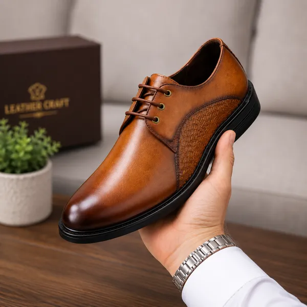 100%_Pure_Leather_Tan_Leather_Lace_Up_Derby_Shoes_For_Men