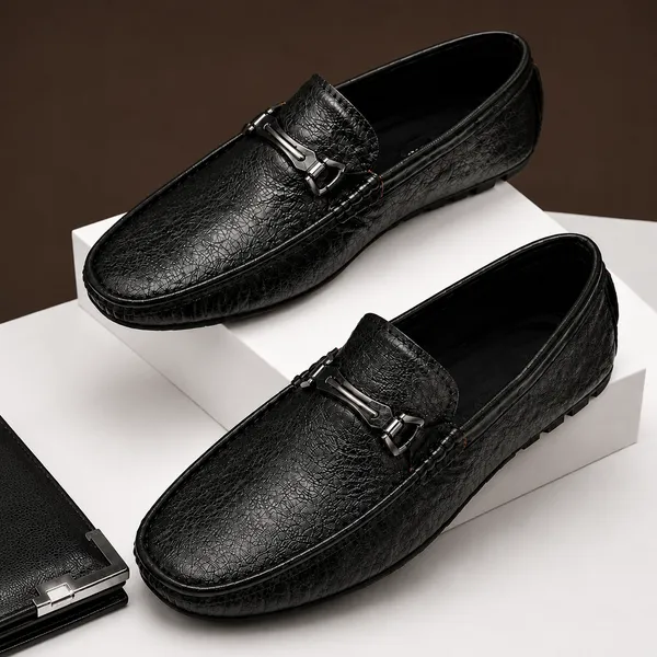 100%_Pure_Leather_Black_Leather_Slip_On_Loafers_With_Metal_Buckle_For_Men