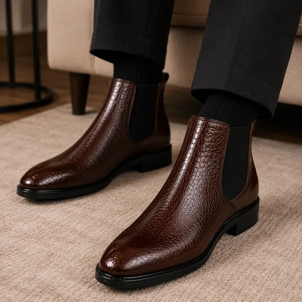 100%_Pure_Leather_Dark_Brown_Textured_Leather_Slip_On_Chelsea_Boots_For_Men
