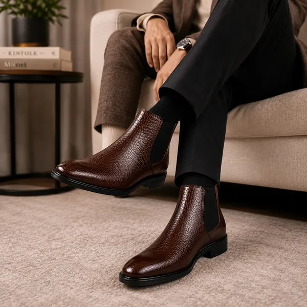 100%_Pure_Leather_Dark_Brown_Textured_Leather_Slip_On_Chelsea_Boots_For_Men