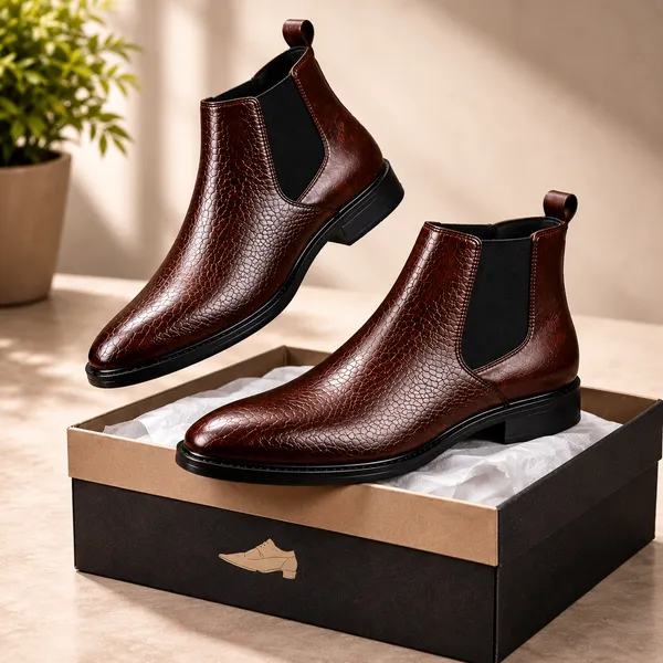 100%_Pure_Leather_Dark_Brown_Textured_Leather_Slip_On_Chelsea_Boots_For_Men